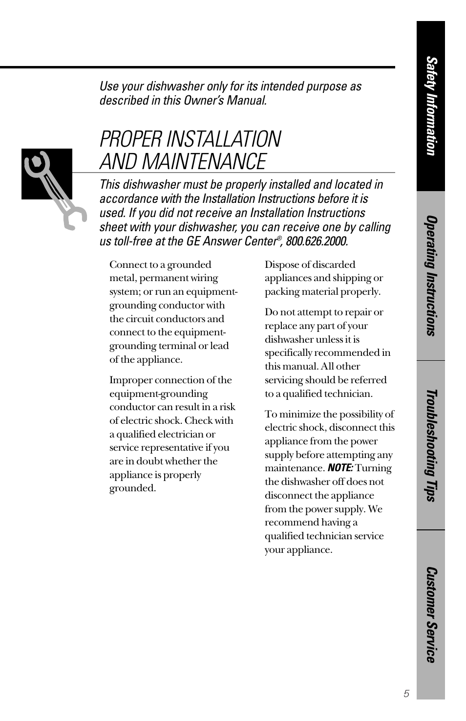 Proper installation and maintenance | GE nautilus dishwasher User Manual | Page 5 / 32