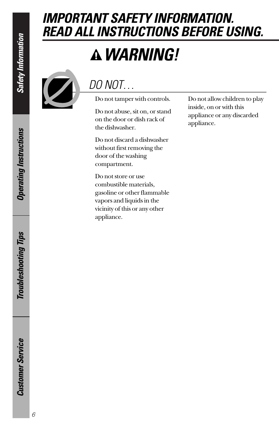 Warning, Do not | GE nautilus dishwasher User Manual | Page 6 / 32