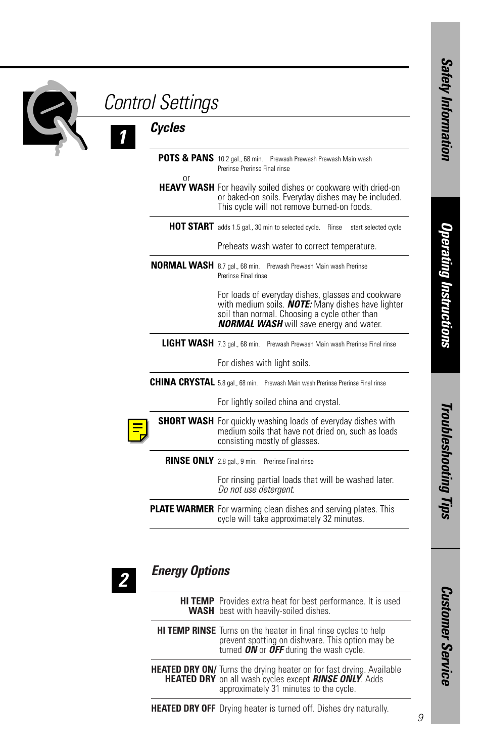 Control settings, Control settings , 10, Energy options | Cycles | GE nautilus dishwasher User Manual | Page 9 / 32