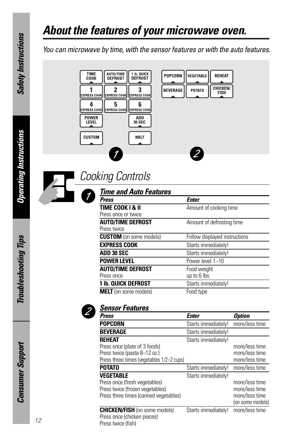 About the features of your microwave oven, Cooking controls, Time and auto features | Sensor features | GE spacemaker xl1800 User Manual | Page 12 / 88