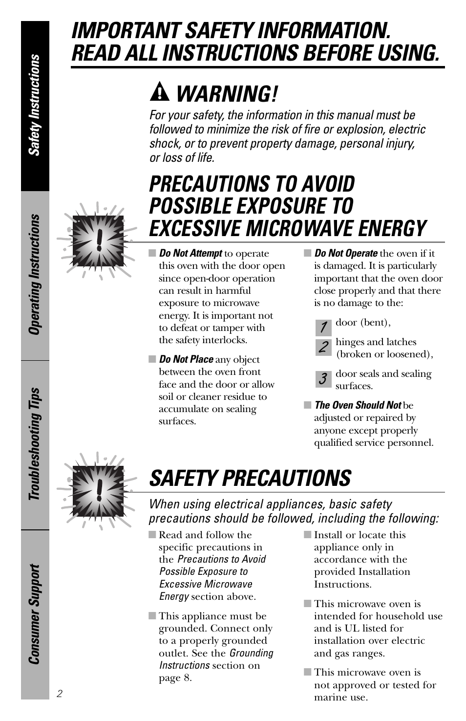 Safety instructions, Warning, Safety precautions | GE spacemaker xl1800 User Manual | Page 2 / 88