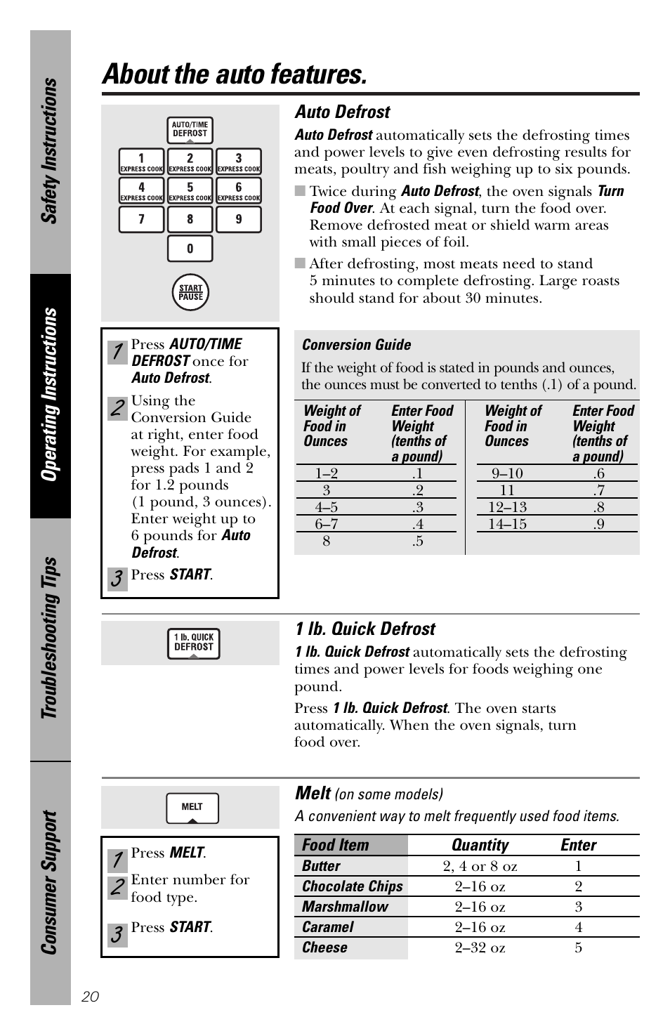 Auto features, About the auto features | GE spacemaker xl1800 User Manual | Page 20 / 88