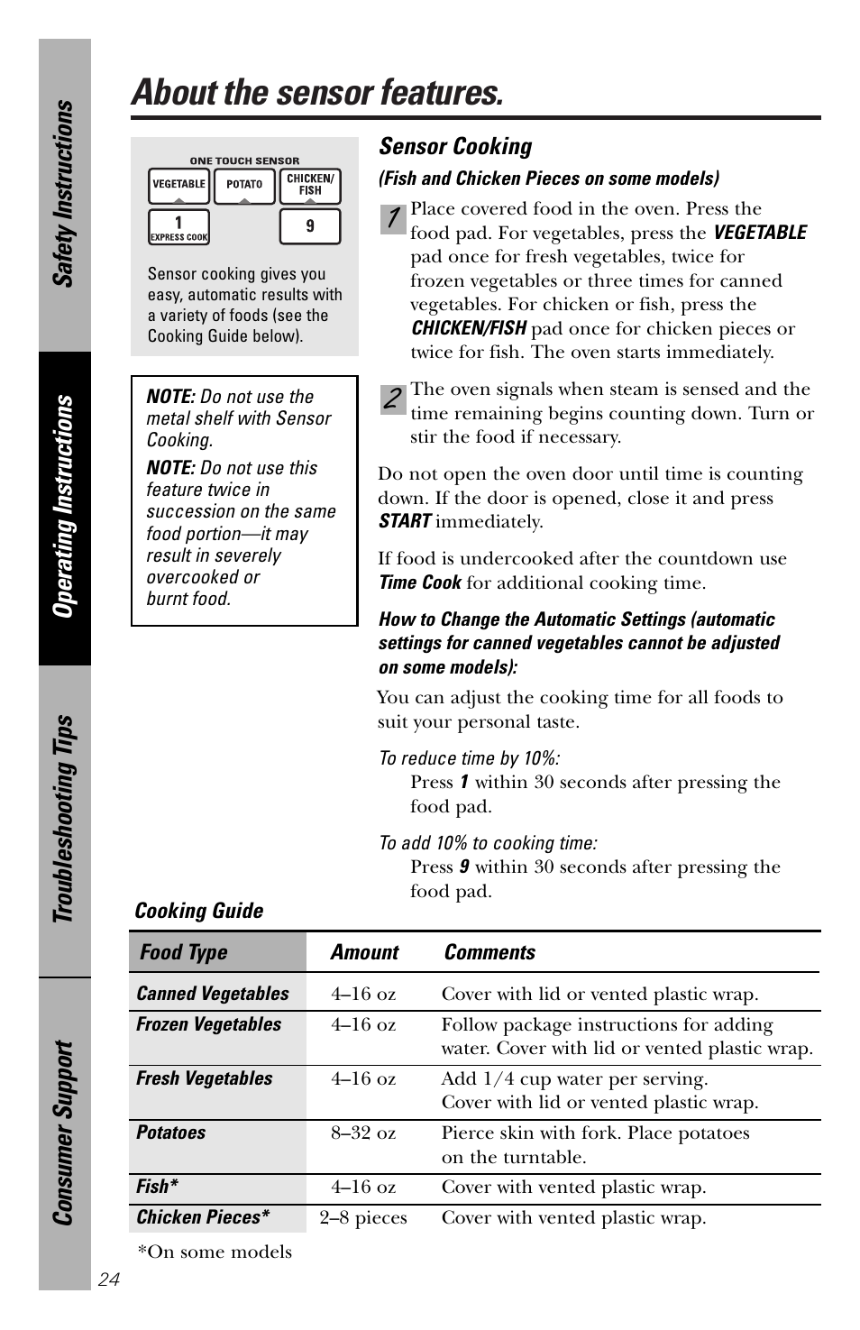 About the sensor features | GE spacemaker xl1800 User Manual | Page 24 / 88