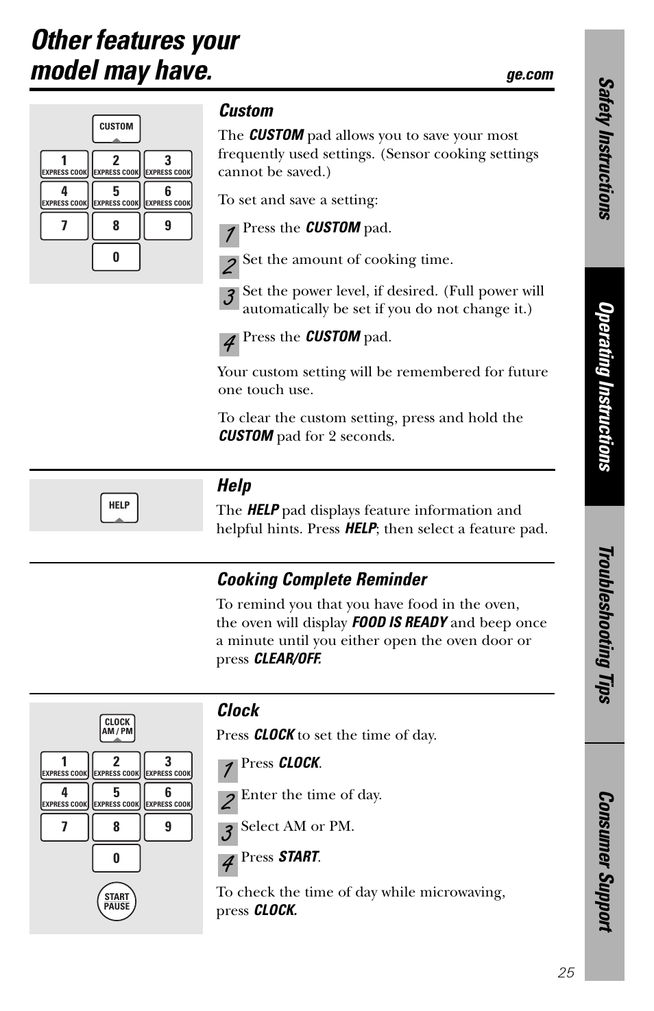 Other features, Other features –31, Other features your model may have | Custom, Help, Cooking complete reminder, Clock | GE spacemaker xl1800 User Manual | Page 25 / 88