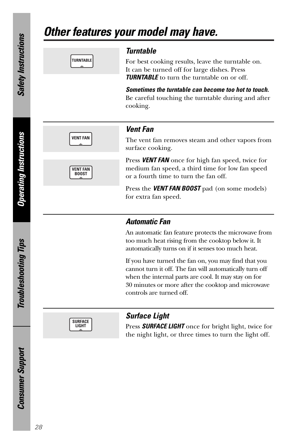 Other features your model may have, Turntable, Vent fan | Automatic fan, Surface light | GE spacemaker xl1800 User Manual | Page 28 / 88
