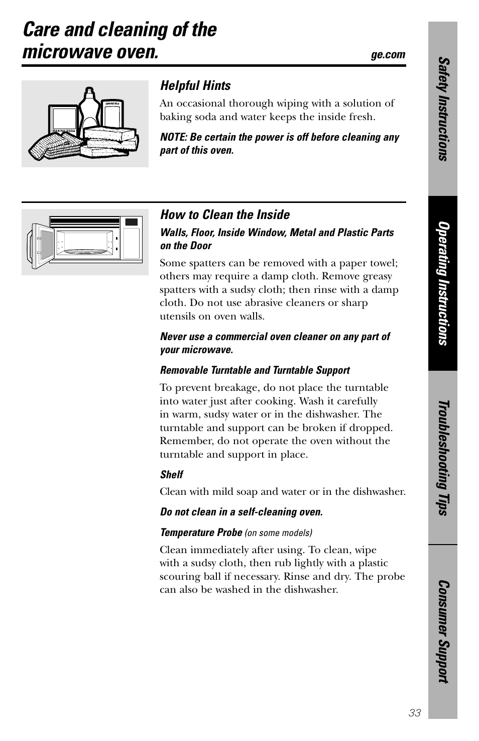 Care and cleaning, Care and cleaning , 34, Care and cleaning of the microwave oven | GE spacemaker xl1800 User Manual | Page 33 / 88