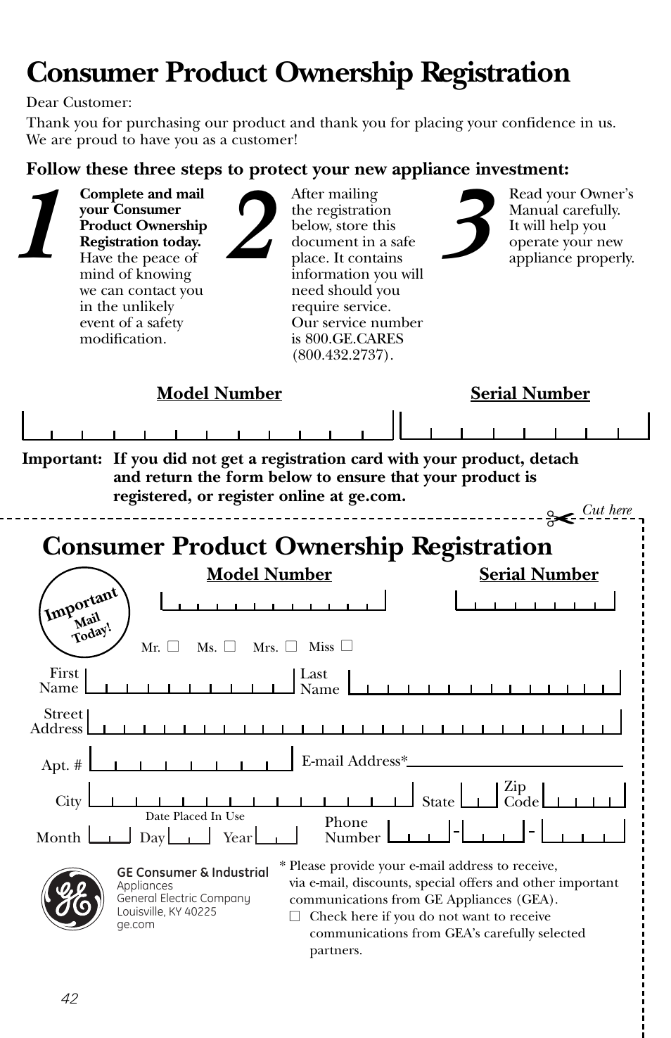 Consumer product ownership registration | GE spacemaker xl1800 User Manual | Page 42 / 88