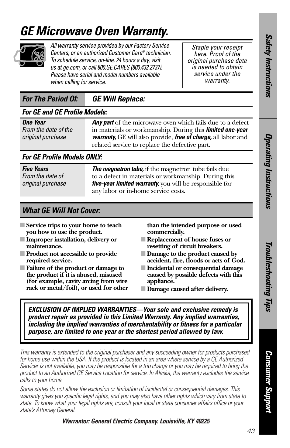 Warranty, Ge microwave oven warranty, What ge will not cover | For the period of: ge will replace | GE spacemaker xl1800 User Manual | Page 43 / 88