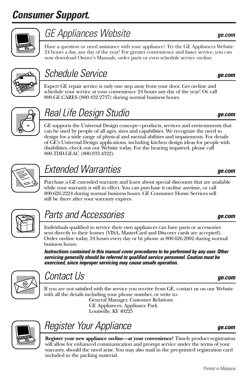 English, Consumer support, Consumer support . . . . . .back cover | Consumer support. ge appliances website, Schedule service, Real life design studio, Extended warranties, Parts and accessories, Contact us, Register your appliance | GE spacemaker xl1800 User Manual | Page 44 / 88