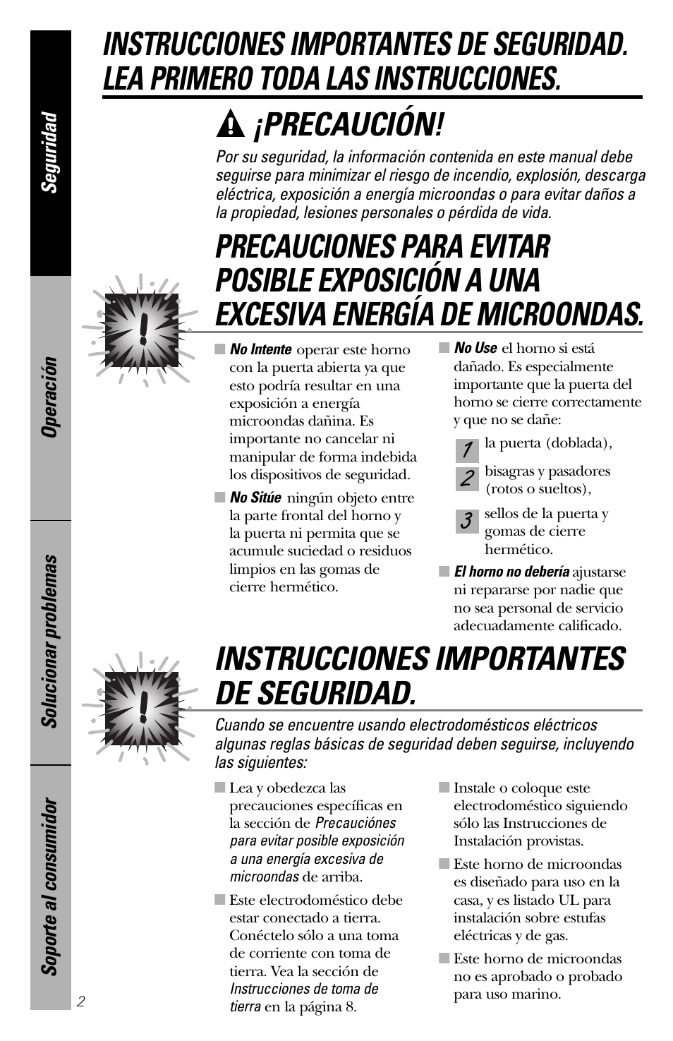 Instrucciones de seguridad, Precaución, Instrucciones importantes de seguridad | GE spacemaker xl1800 User Manual | Page 46 / 88
