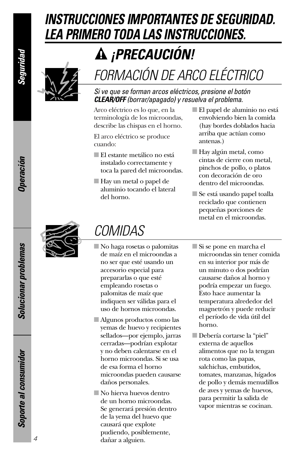 Precaución, Formación de arco eléctrico | GE spacemaker xl1800 User Manual | Page 48 / 88