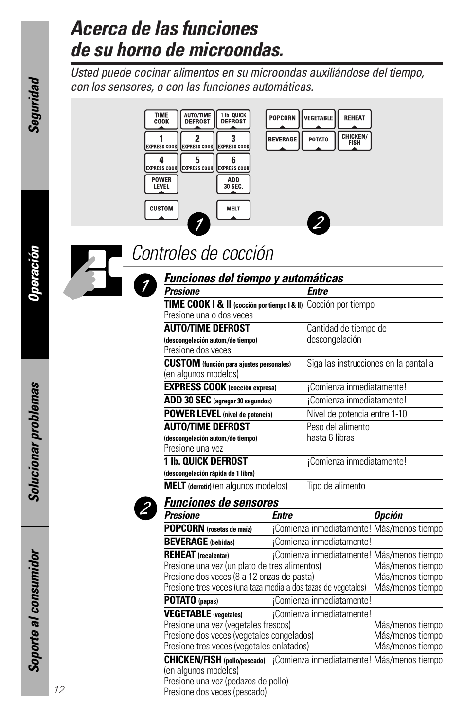 Acerca de las funciones de su horno de microondas, Controles de cocción, Funciones del tiempo y automáticas | Funciones de sensores | GE spacemaker xl1800 User Manual | Page 56 / 88
