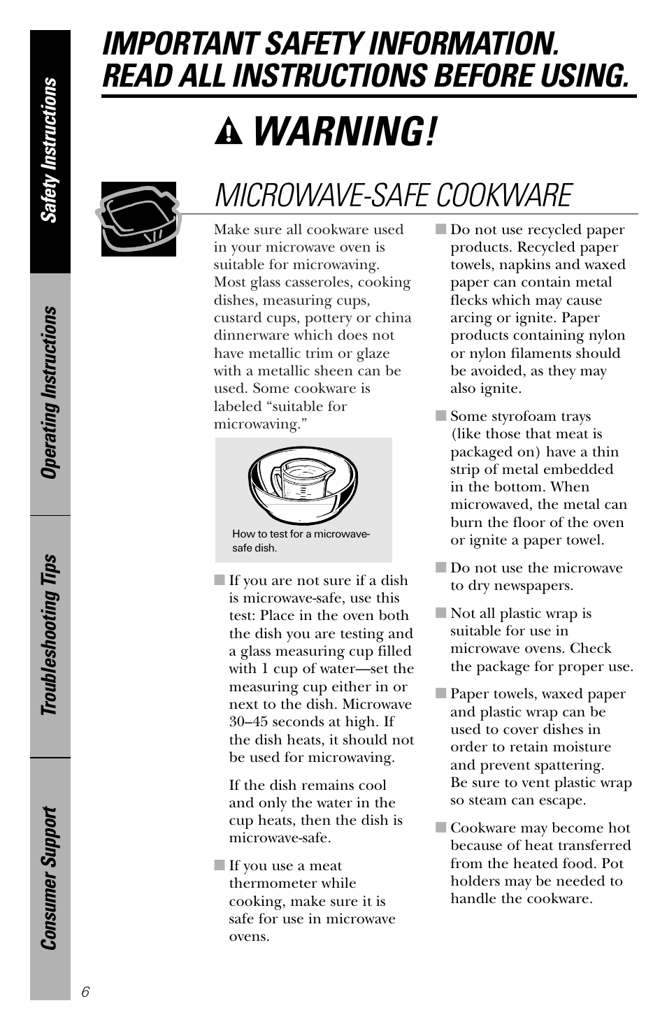 Warning, Microwave-safe cookware | GE spacemaker xl1800 User Manual | Page 6 / 88