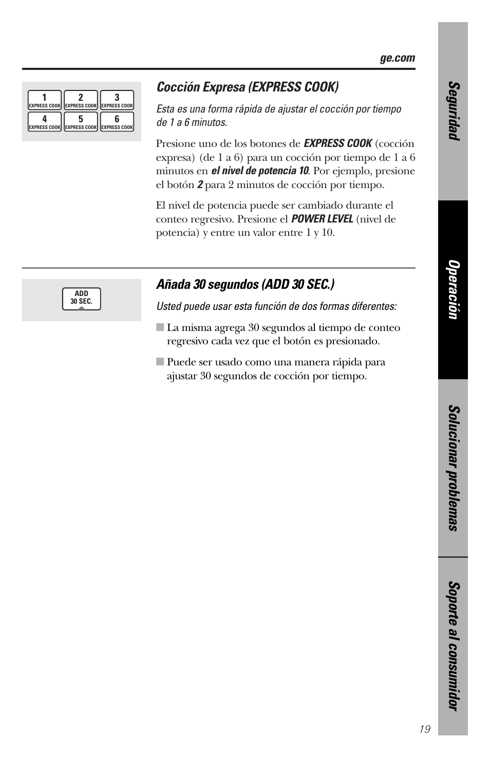 Cocción expresa (express cook), Añada 30 segundos (add 30 sec.) | GE spacemaker xl1800 User Manual | Page 63 / 88