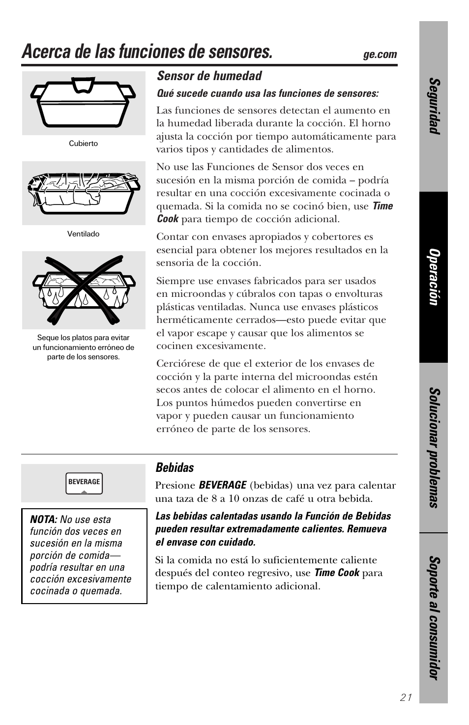Funciones de sensor, Funciones de sensor –24, Acerca de las funciones de sensores | Sensor de humedad, Bebidas | GE spacemaker xl1800 User Manual | Page 65 / 88