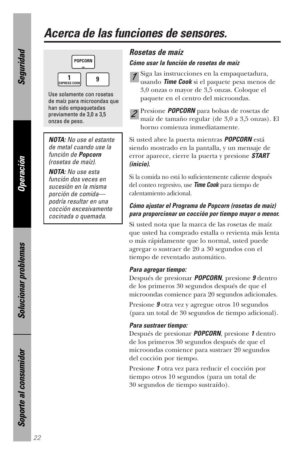 Acerca de las funciones de sensores | GE spacemaker xl1800 User Manual | Page 66 / 88