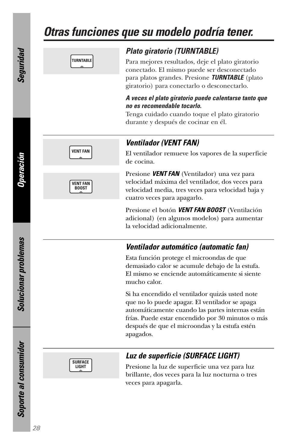 Otras funciones que su modelo podría tener, Plato giratorio (turntable), Ventilador (vent fan) | Ventilador automático (automatic fan), Luz de superficie (surface light) | GE spacemaker xl1800 User Manual | Page 72 / 88