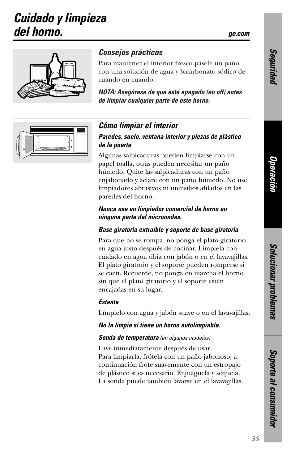 Cuidado y limpieza, Cuidado y limpieza , 34, Cuidado y limpieza del horno | GE spacemaker xl1800 User Manual | Page 77 / 88