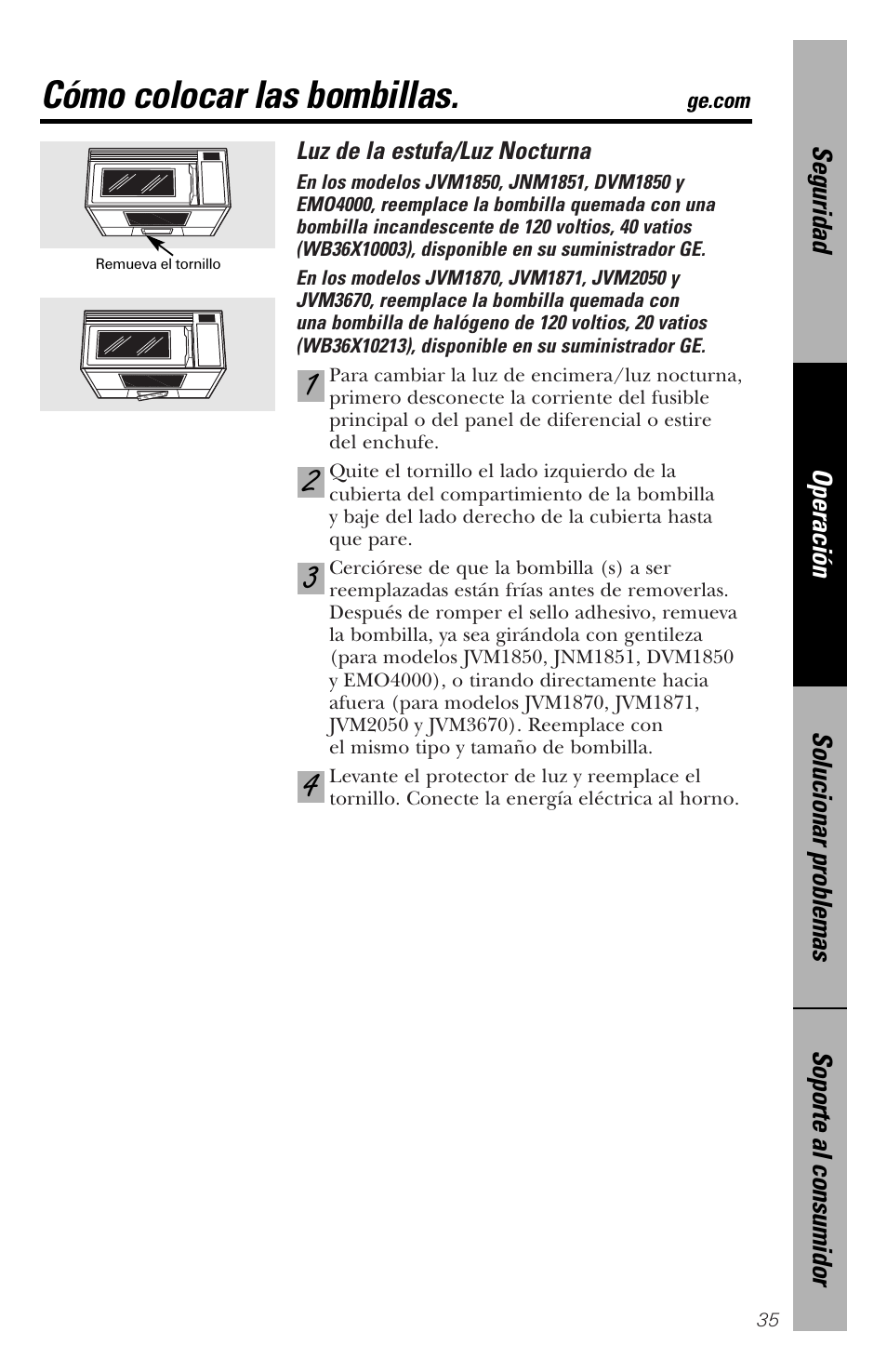 Cómo reemplazar las bombillas, Cómo reemplazar las bombillas , 36, Cómo colocar las bombillas | GE spacemaker xl1800 User Manual | Page 79 / 88