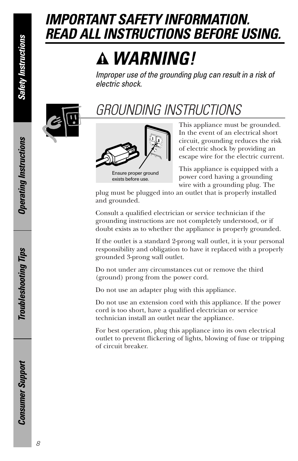 Warning, Grounding instructions | GE spacemaker xl1800 User Manual | Page 8 / 88