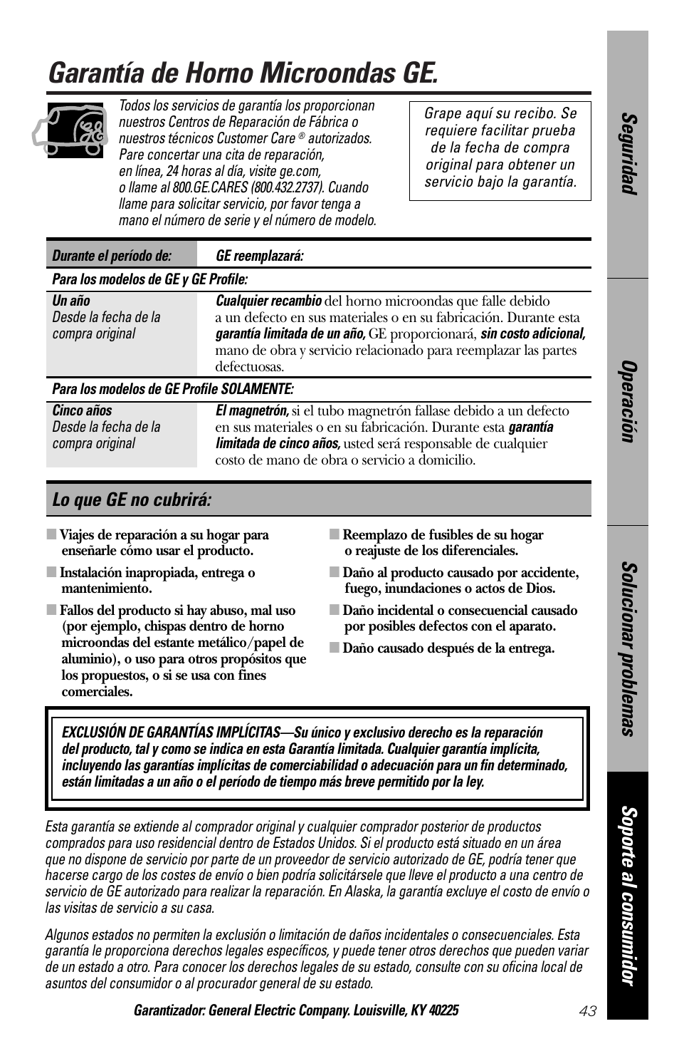 Garantía, Garantía de horno microondas ge, Lo que ge no cubrirá | GE spacemaker xl1800 User Manual | Page 87 / 88