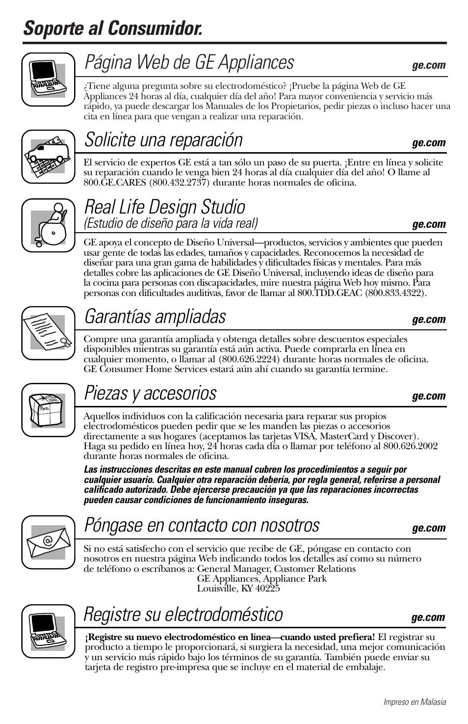 Soporte al consumidor, Soporte al consumidor. página web de ge appliances, Solicite una reparación | Real life design studio, Garantías ampliadas, Piezas y accesorios, Póngase en contacto con nosotros, Registre su electrodoméstico | GE spacemaker xl1800 User Manual | Page 88 / 88