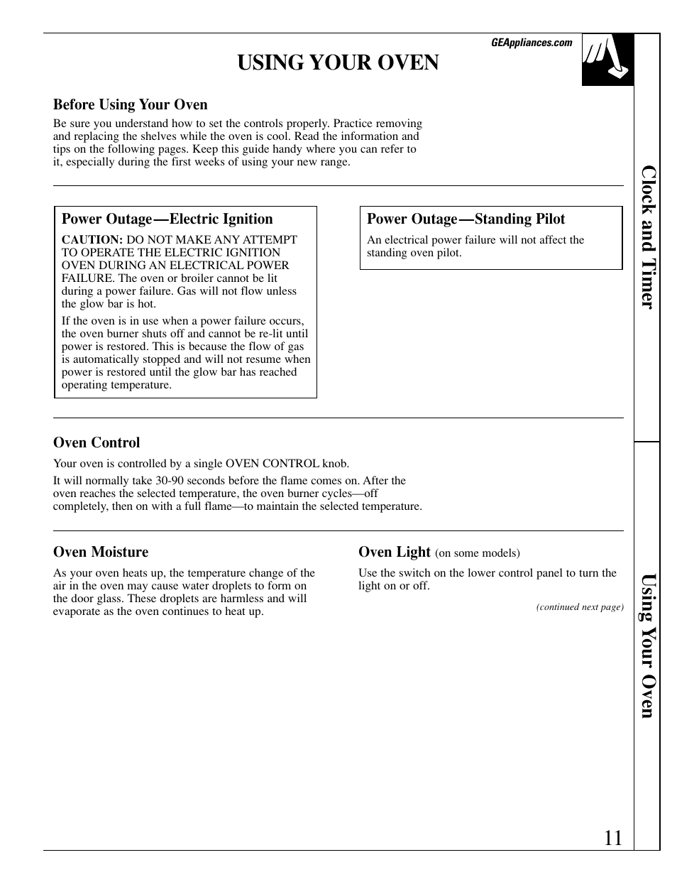 11 using your oven, Clock and t imer using y our oven | GE xl44 User Manual | Page 11 / 48