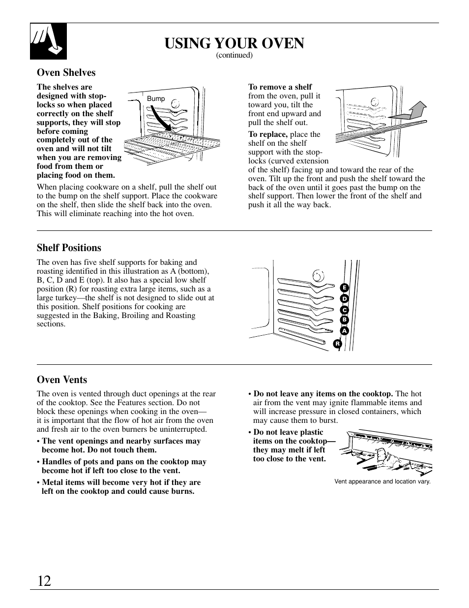 Using your oven, Oven shelves, Oven vents | Shelf positions | GE xl44 User Manual | Page 12 / 48