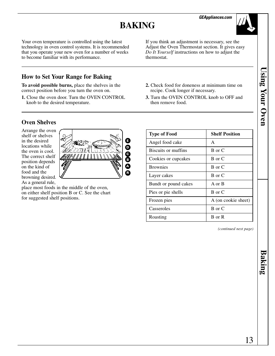Baking, Using y our oven baking | GE xl44 User Manual | Page 13 / 48