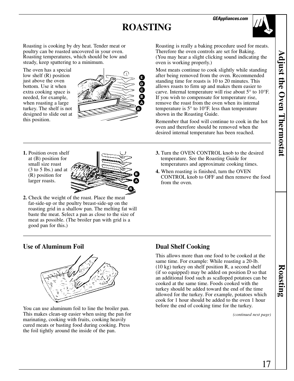 Roasting, Adjust the oven thermostat roasting | GE xl44 User Manual | Page 17 / 48