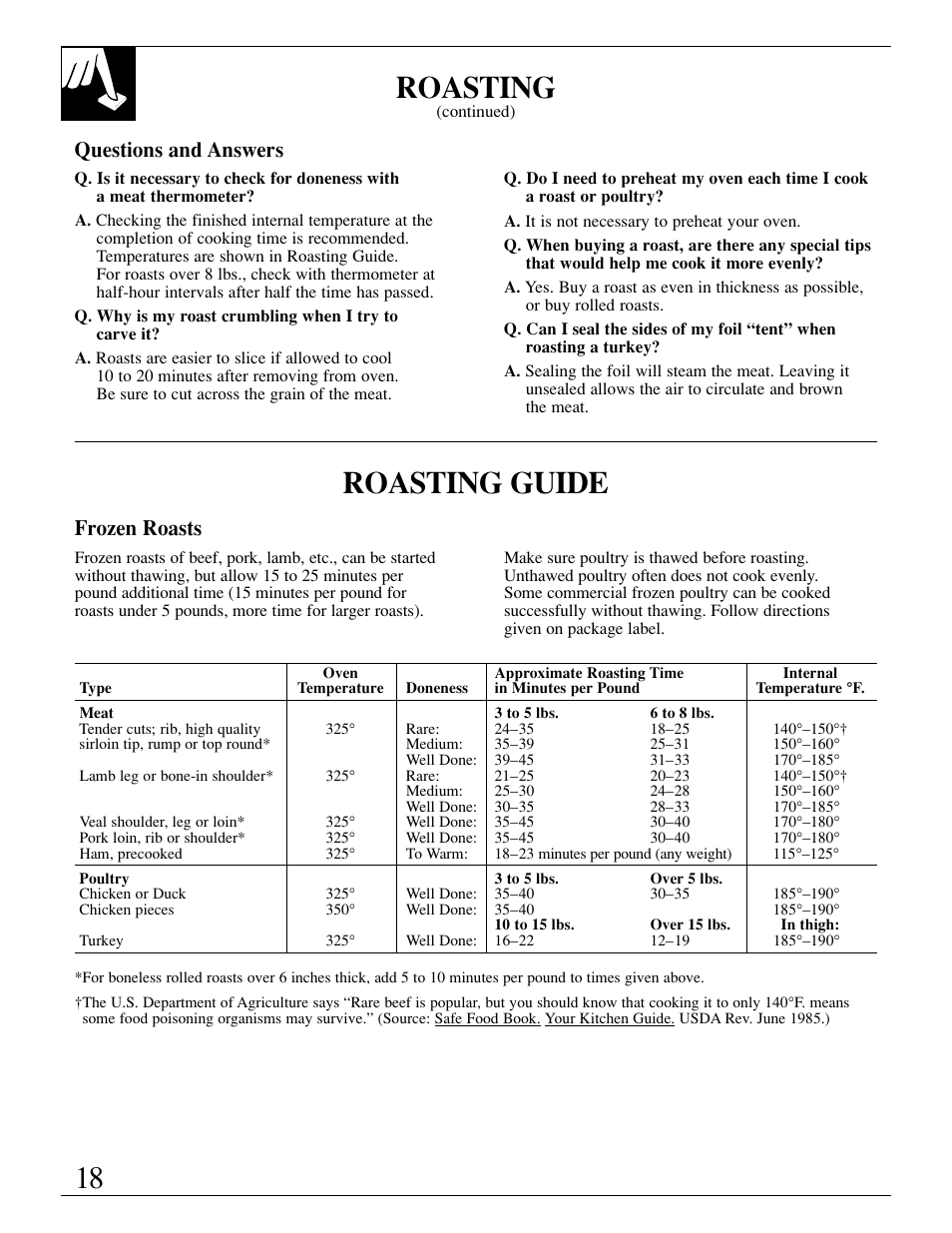 18 roasting, Roasting guide, Questions and answers | Frozen roasts | GE xl44 User Manual | Page 18 / 48
