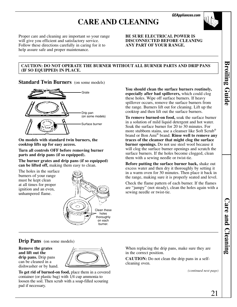 Care and cleaning, Br oiling guide car e and cleaning, Standard twin burners | Drip pans | GE xl44 User Manual | Page 21 / 48