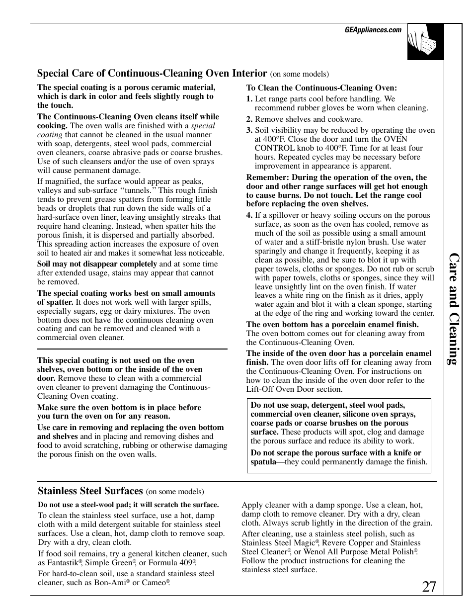 Car e and cleaning, Special care of continuous-cleaning oven interior, Stainless steel surfaces | GE xl44 User Manual | Page 27 / 48