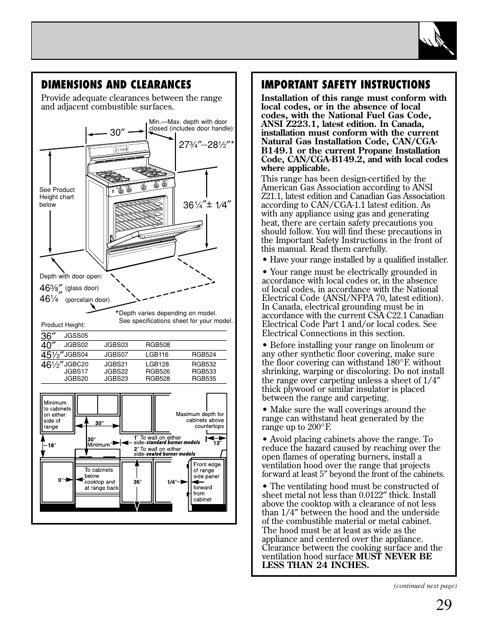 Important safety instructions, Dimensions and clearances | GE xl44 User Manual | Page 29 / 48
