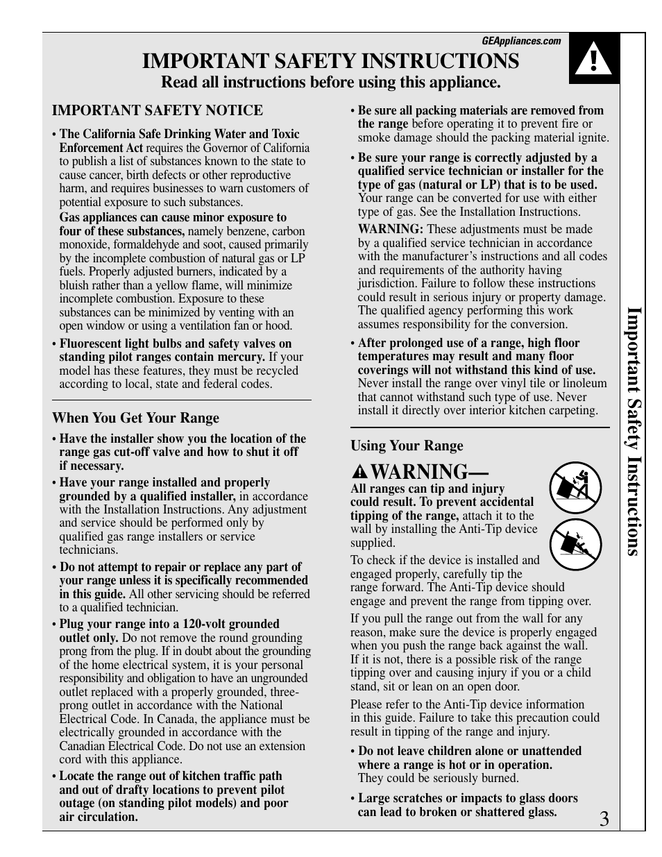Warning, Important safety instructions, Read all instructions before using this appliance | GE xl44 User Manual | Page 3 / 48