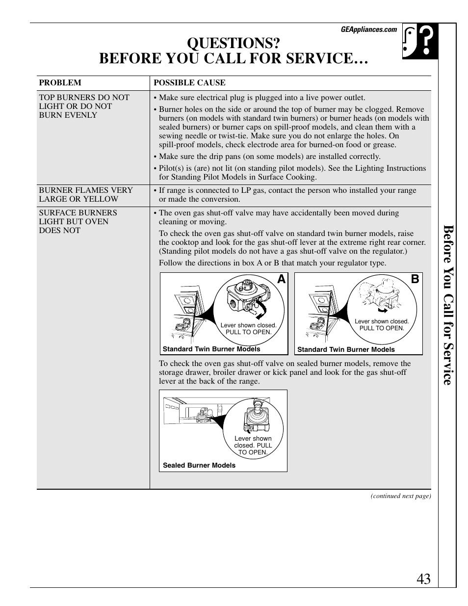 Questions? before you call for service, Befor e y ou call for service | GE xl44 User Manual | Page 43 / 48