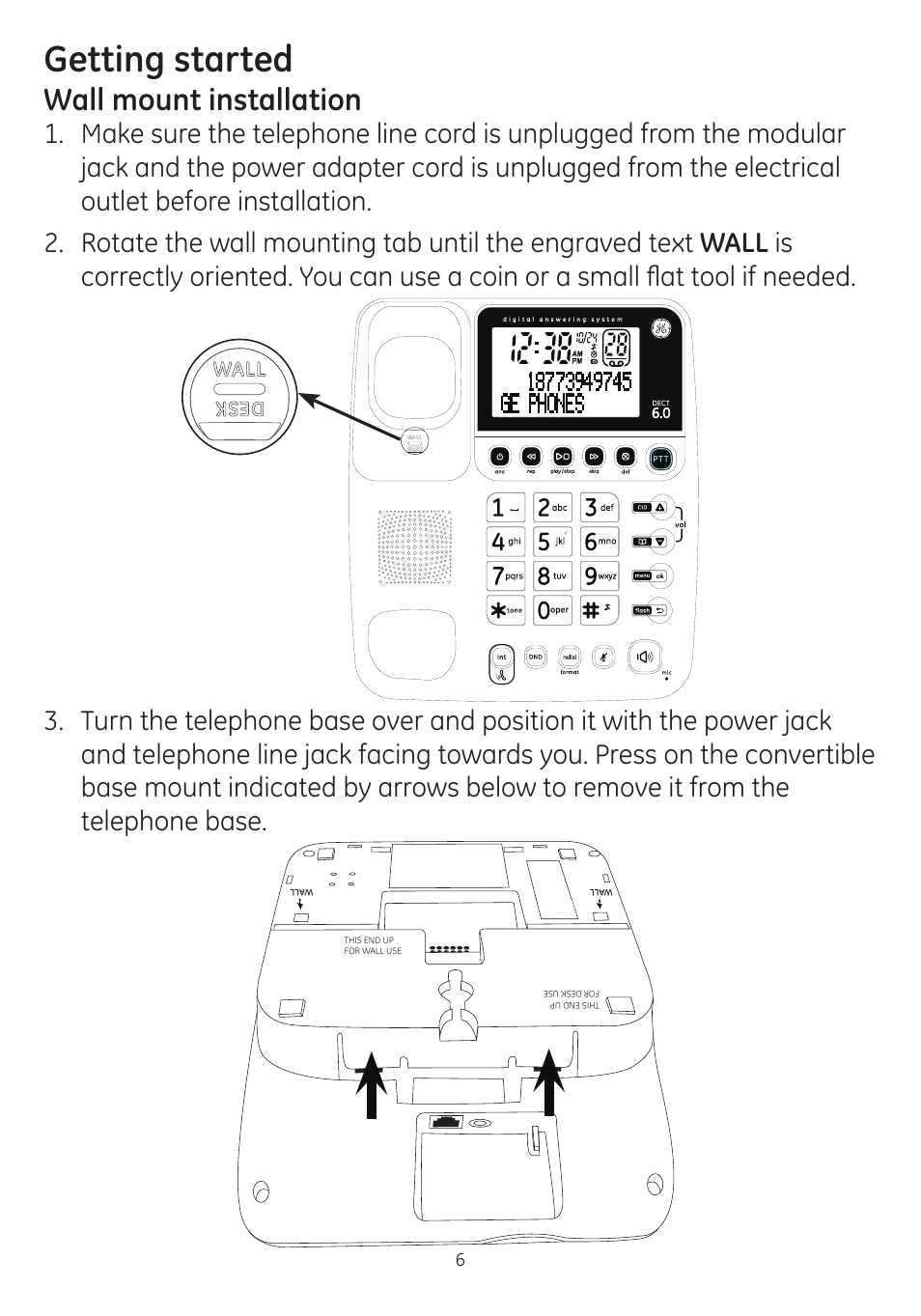 Getting started, Wall mount installation | GE dect 6.0 User Manual | Page 10 / 87