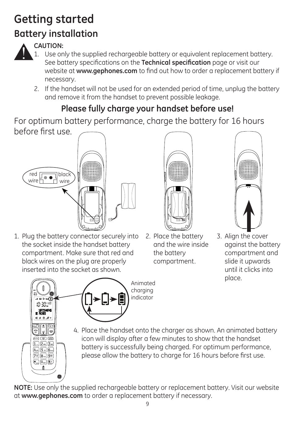 Getting started, Battery installation | GE dect 6.0 User Manual | Page 13 / 87
