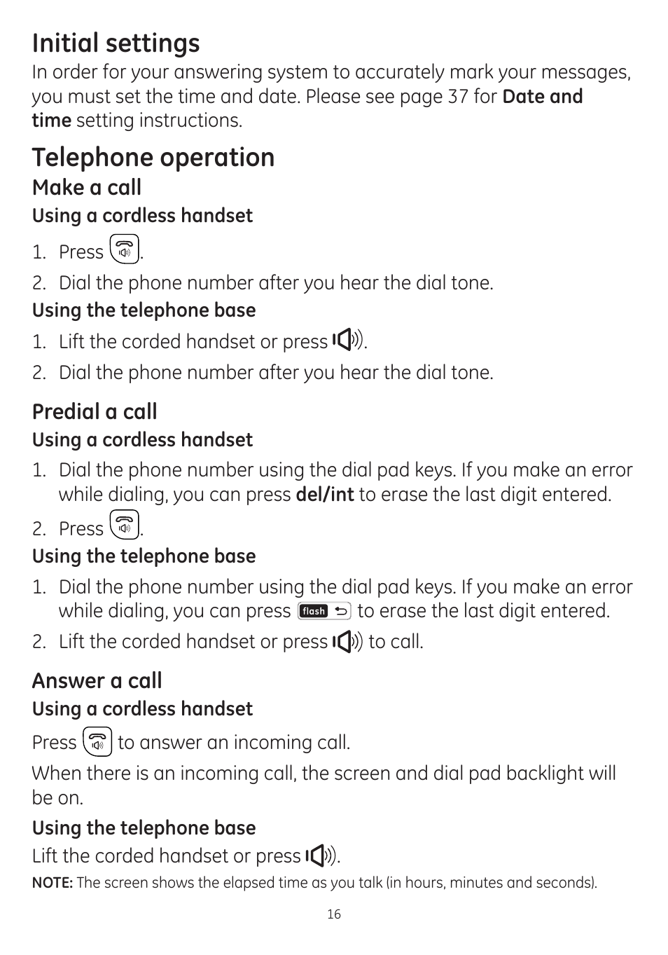 Initial settings, Telephone operation | GE dect 6.0 User Manual | Page 20 / 87