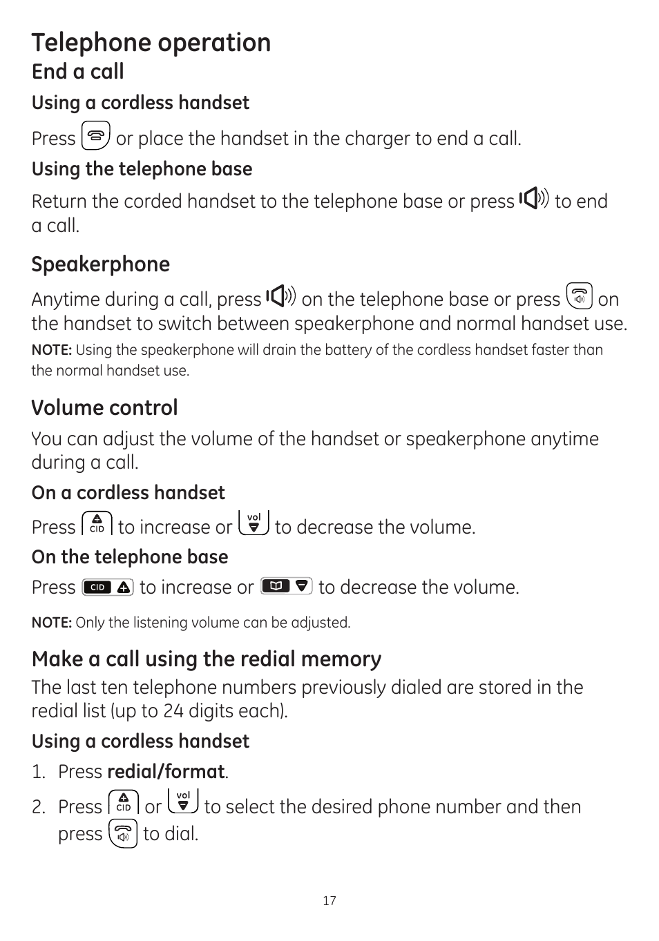 Telephone operation | GE dect 6.0 User Manual | Page 21 / 87