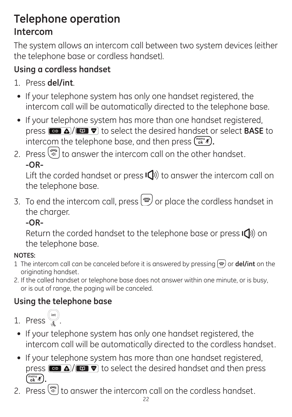 Telephone operation, Intercom | GE dect 6.0 User Manual | Page 26 / 87