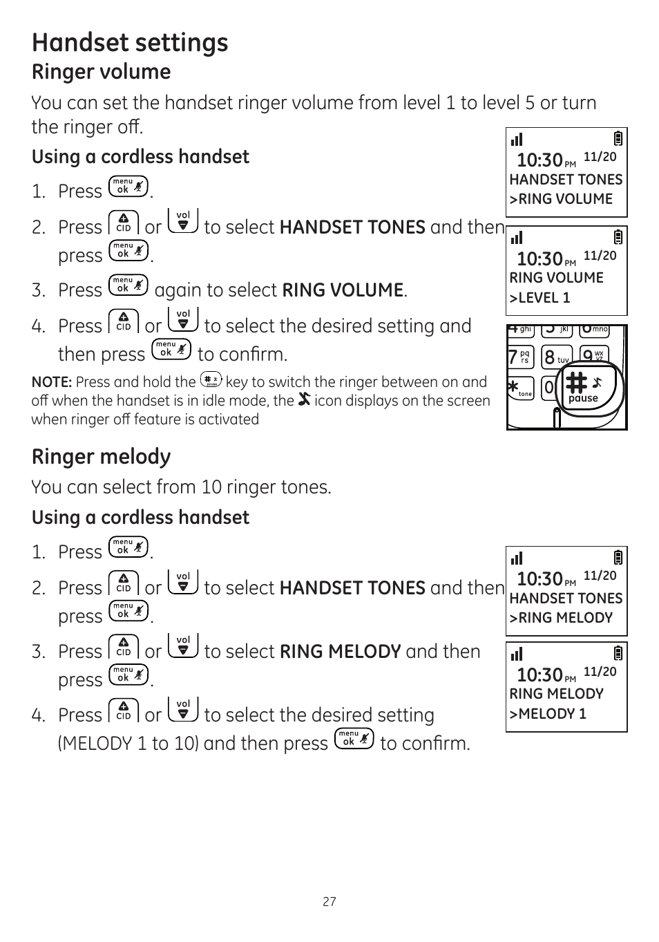 Handset settings, Ringer volume, Ringer melody | GE dect 6.0 User Manual | Page 31 / 87