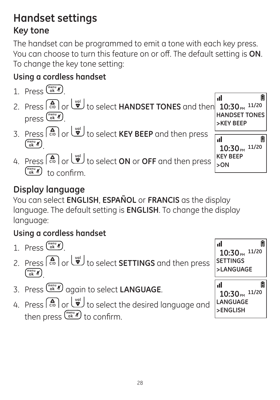 Handset settings, Key tone, Display language | GE dect 6.0 User Manual | Page 32 / 87