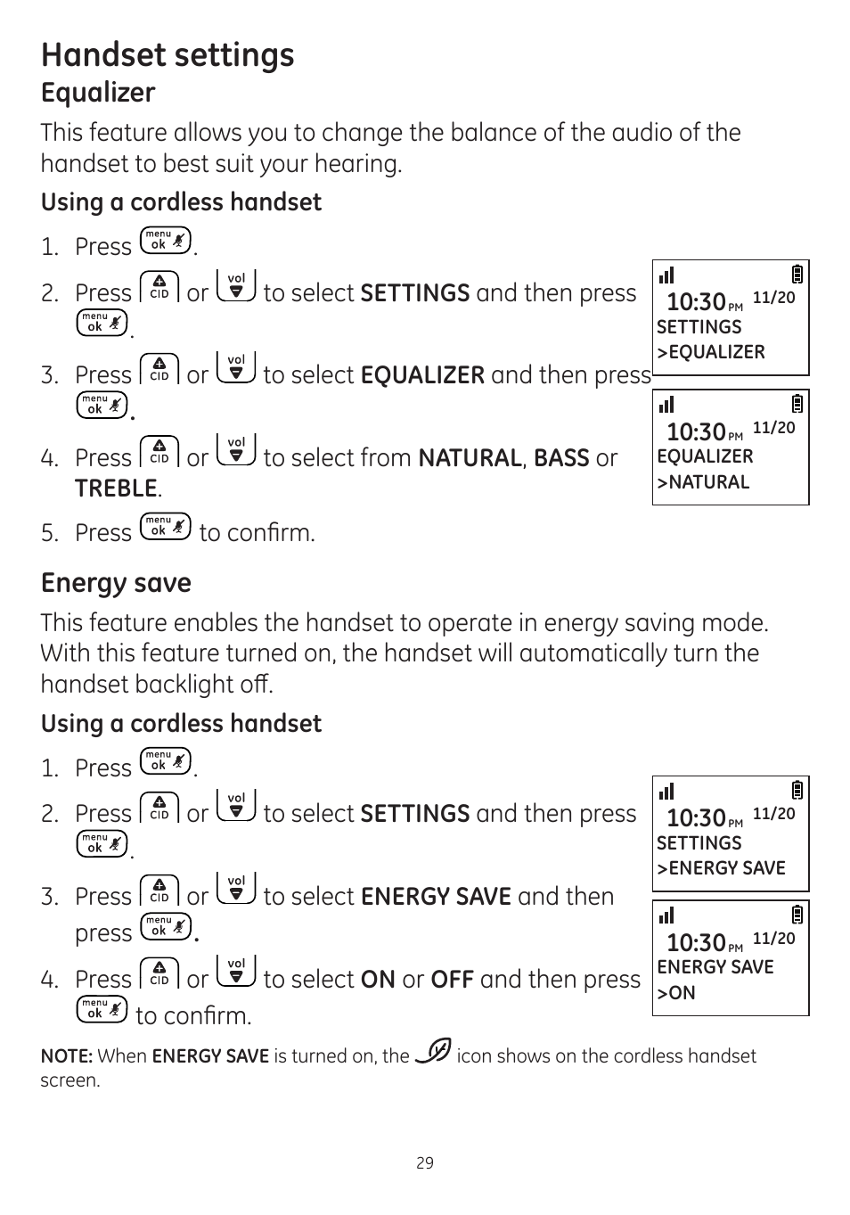 Handset settings, Equalizer, Energy save | GE dect 6.0 User Manual | Page 33 / 87