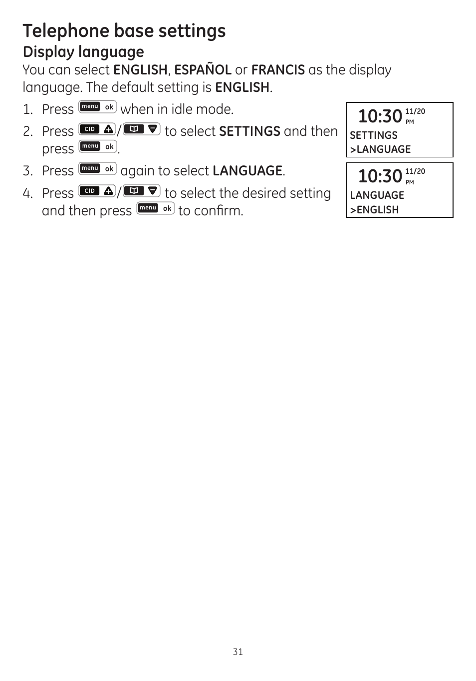 Telephone base settings, Display language | GE dect 6.0 User Manual | Page 35 / 87