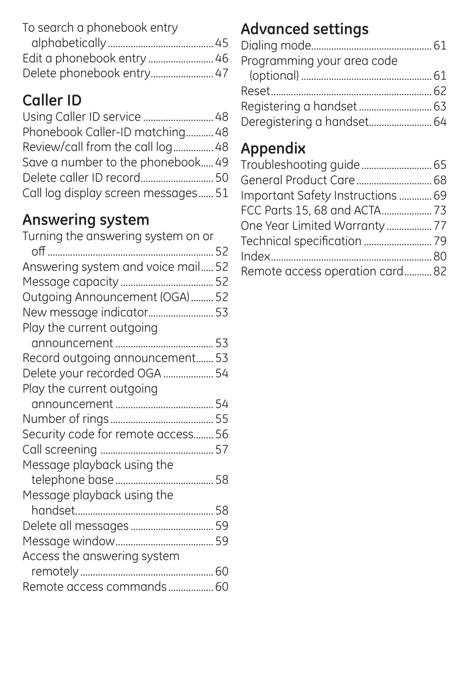 Caller id, Answering system, Advanced settings | Appendix | GE dect 6.0 User Manual | Page 4 / 87