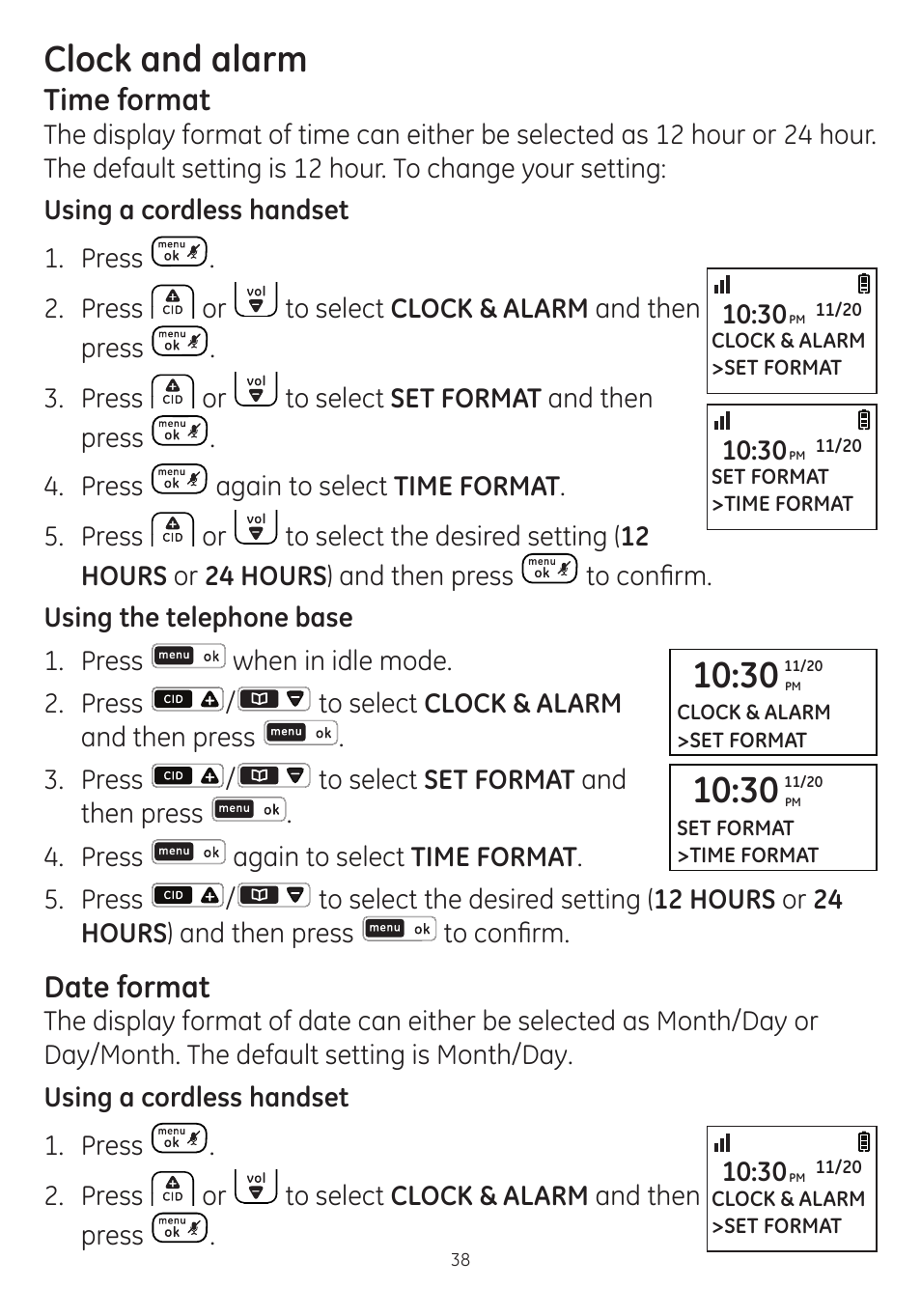 Clock and alarm, Time format, Date format | GE dect 6.0 User Manual | Page 42 / 87