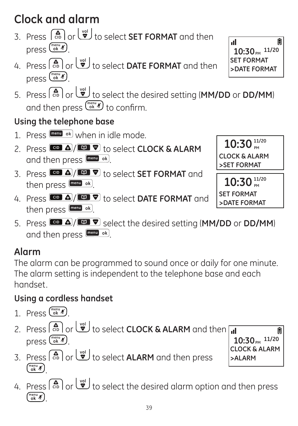 Clock and alarm, Alarm | GE dect 6.0 User Manual | Page 43 / 87