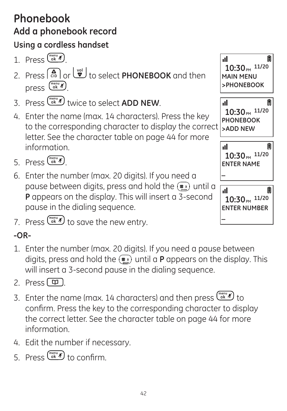 Phonebook, Add a phonebook record | GE dect 6.0 User Manual | Page 46 / 87
