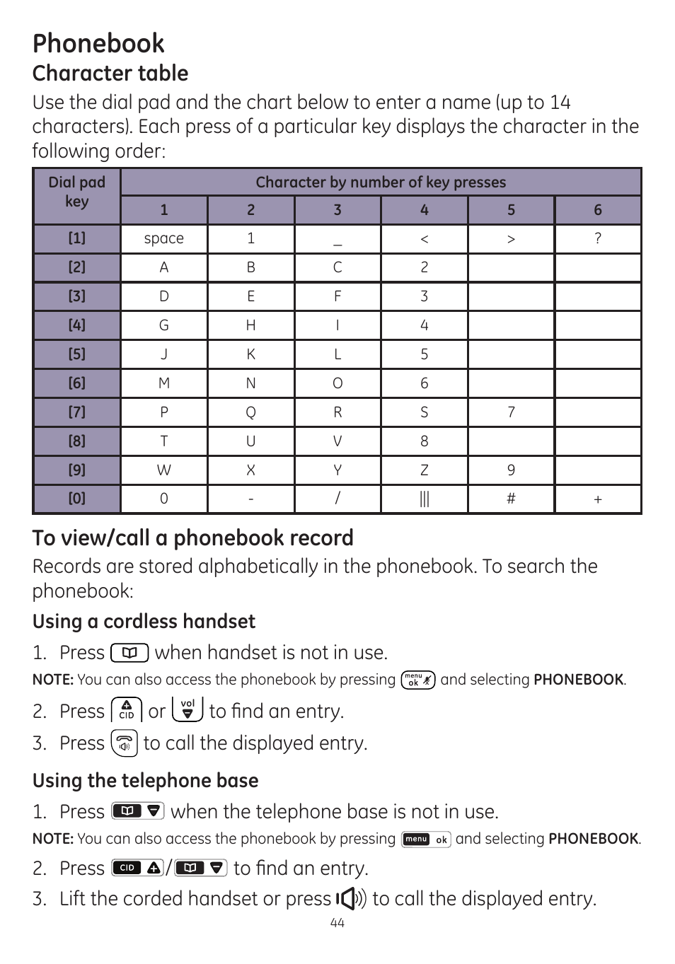 Phonebook, Character table | GE dect 6.0 User Manual | Page 48 / 87
